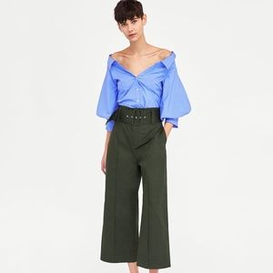 NEW! Zara Khaki Poplin Trousers with Belt, Size SM